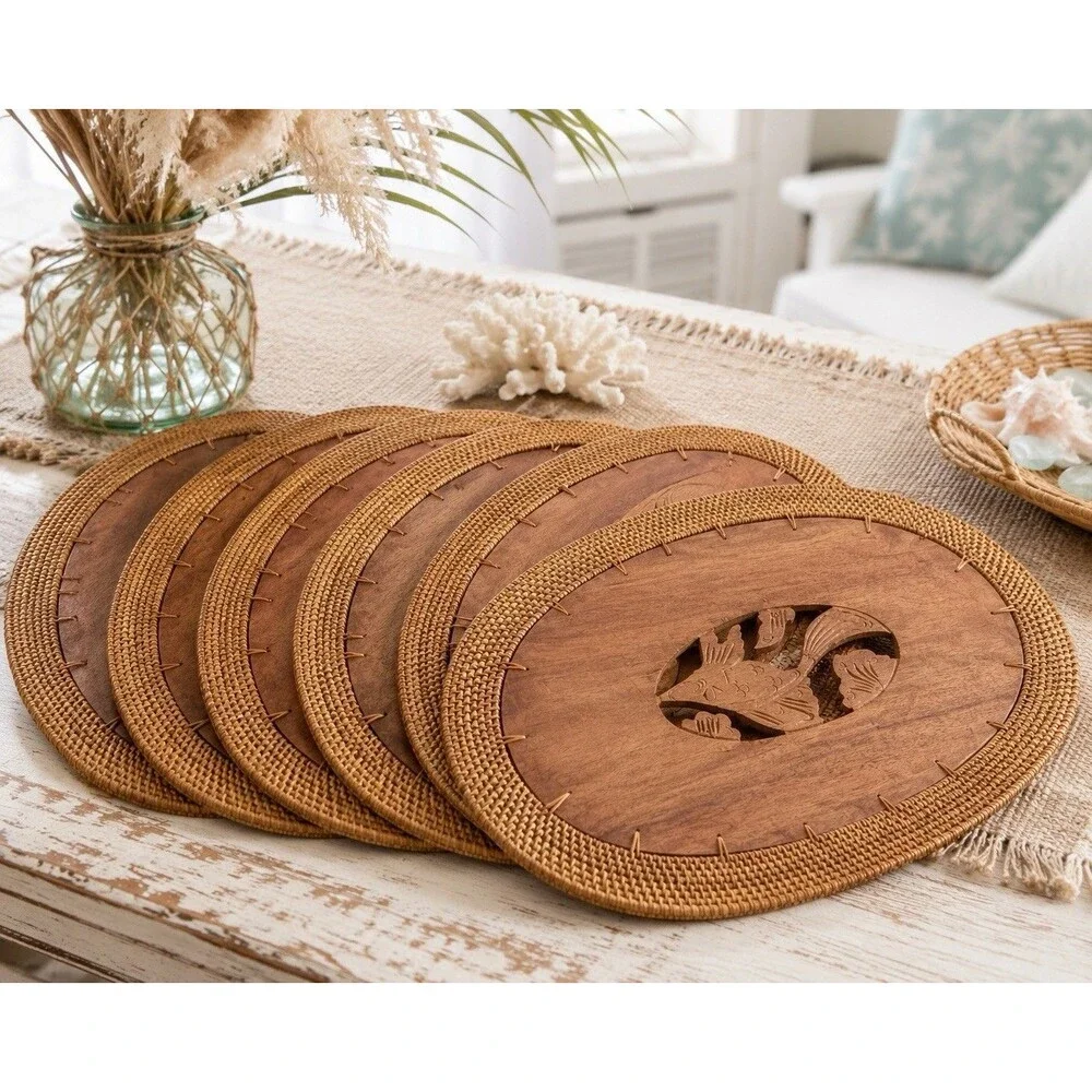 Vintage Hand-Carved Rattan Placemats Set of 6 Fish Floral Bird Boho Decor Brown